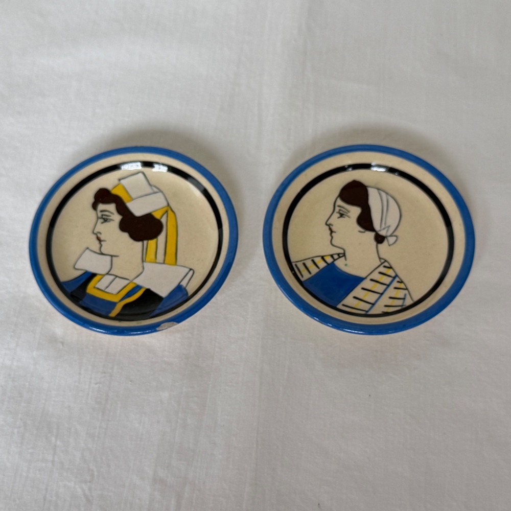Quimper Butter Pat Dishes Set of 2 Blue Yellow Fair Breton Women Vintage 462